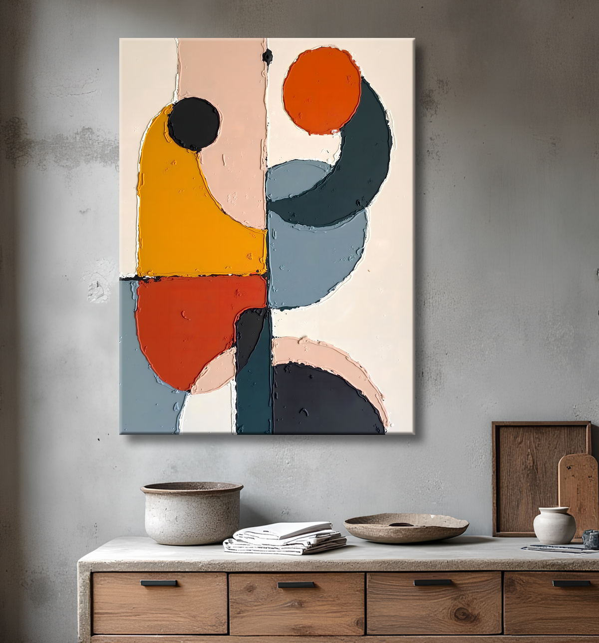 Tableau abstrait géométrique minimaliste aux teintes claires avec decor
