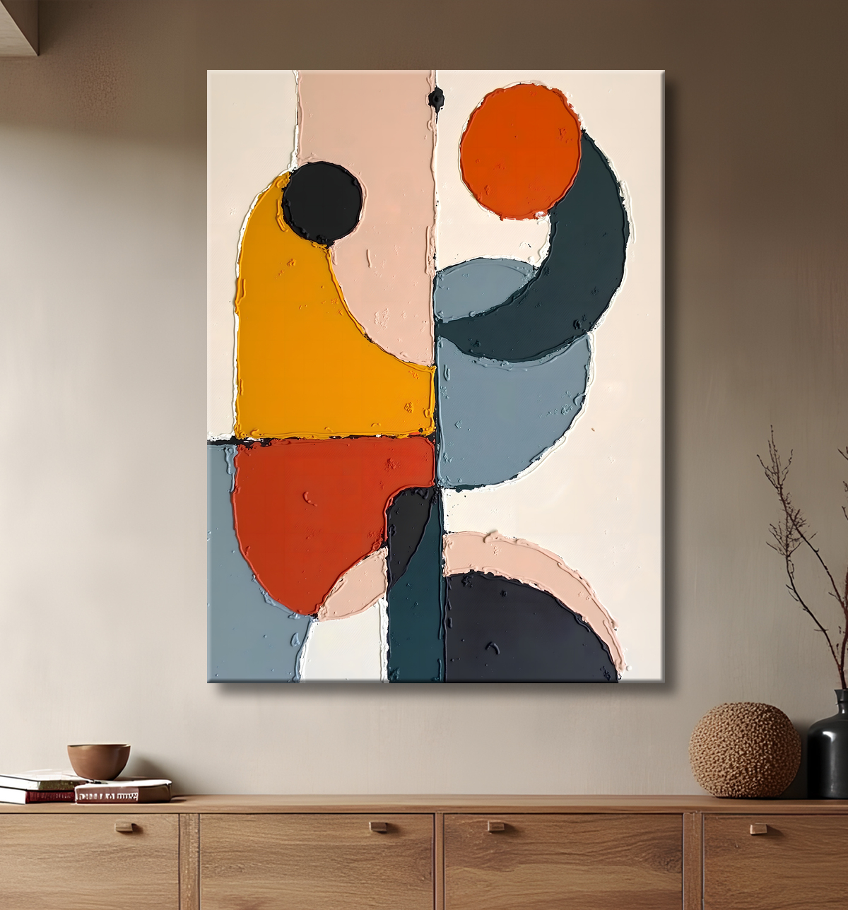 Tableau abstrait géométrique minimaliste aux teintes claires avec decor