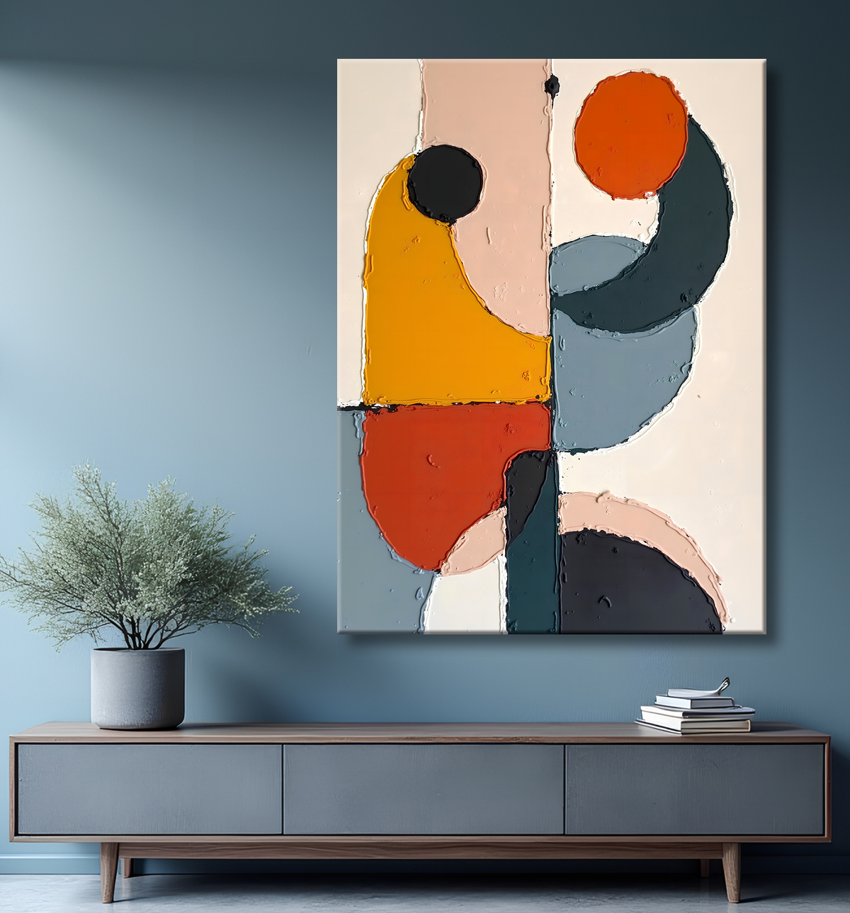 Tableau abstrait géométrique minimaliste aux teintes claires avec decor
