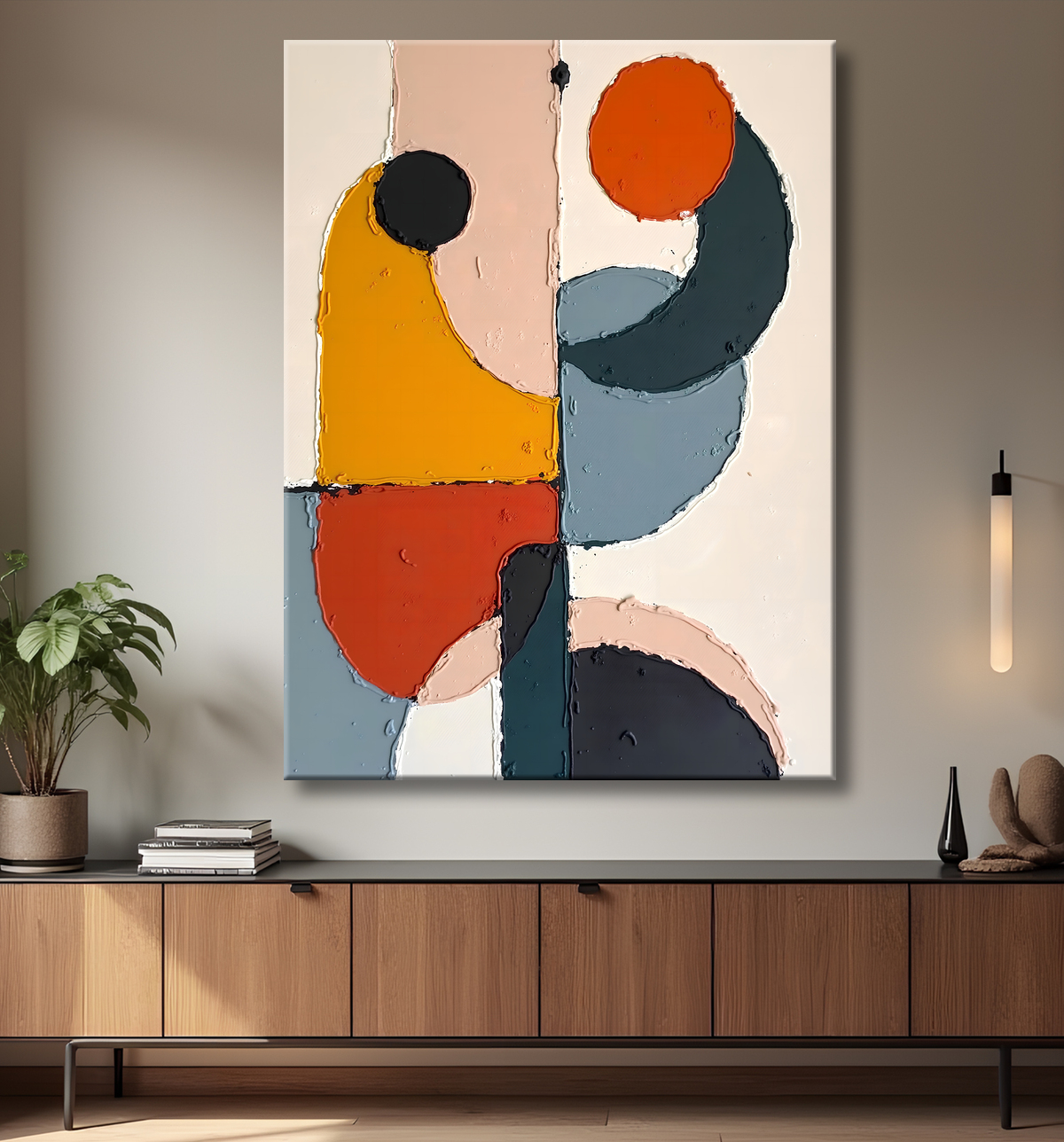 Tableau abstrait géométrique minimaliste aux teintes claires avec decor