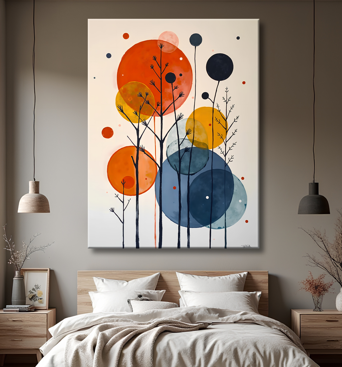 Tableau abstrait géométrique minimaliste aux teintes claires avec decor