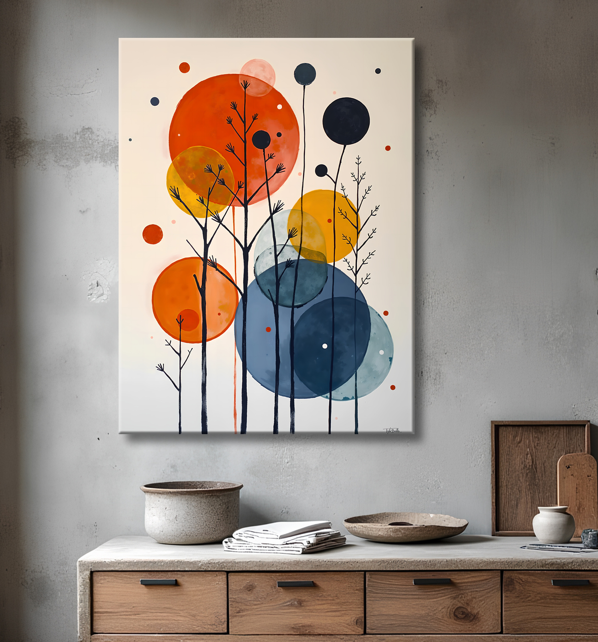 Tableau abstrait géométrique minimaliste aux teintes claires avec decor