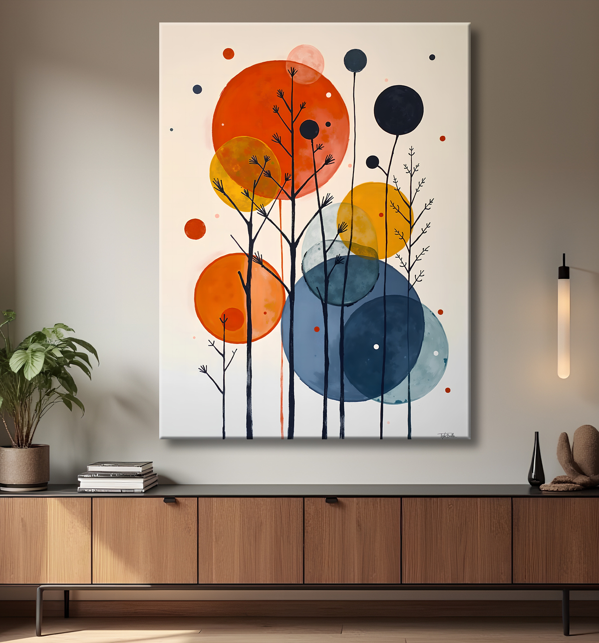 Tableau abstrait géométrique minimaliste aux teintes claires avec decor