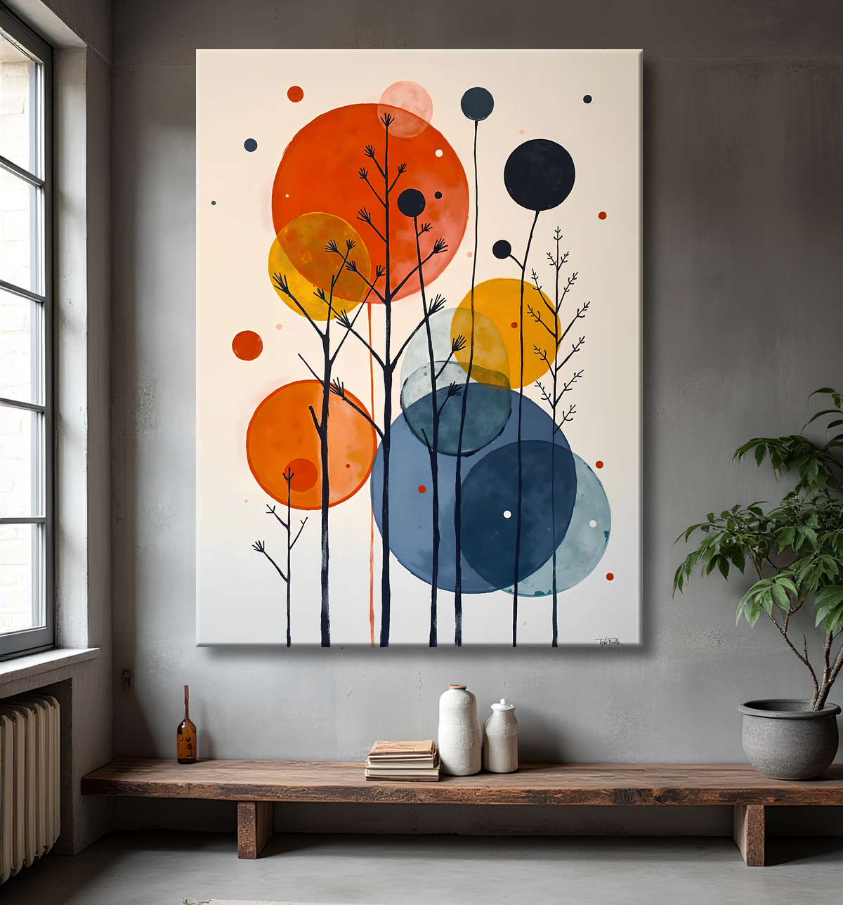 Tableau abstrait géométrique minimaliste aux teintes claires avec decor