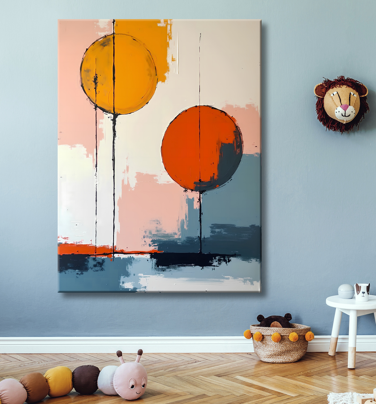 Tableau abstrait géométrique minimaliste aux teintes claires avec decor
