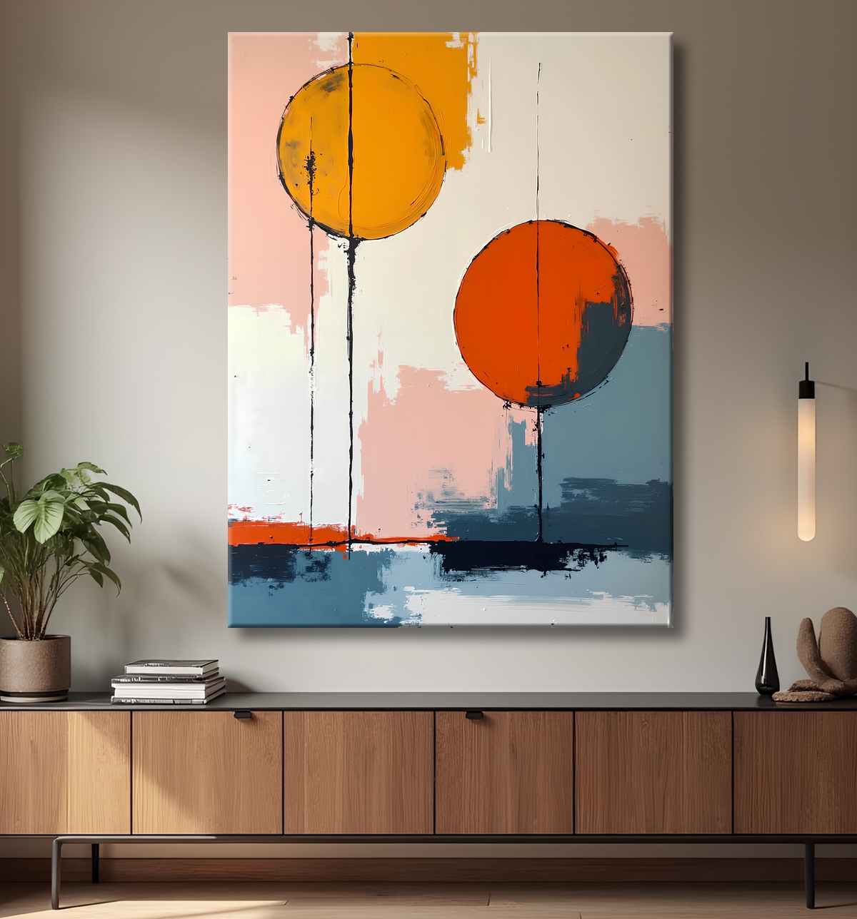 Tableau abstrait géométrique minimaliste aux teintes claires avec decor