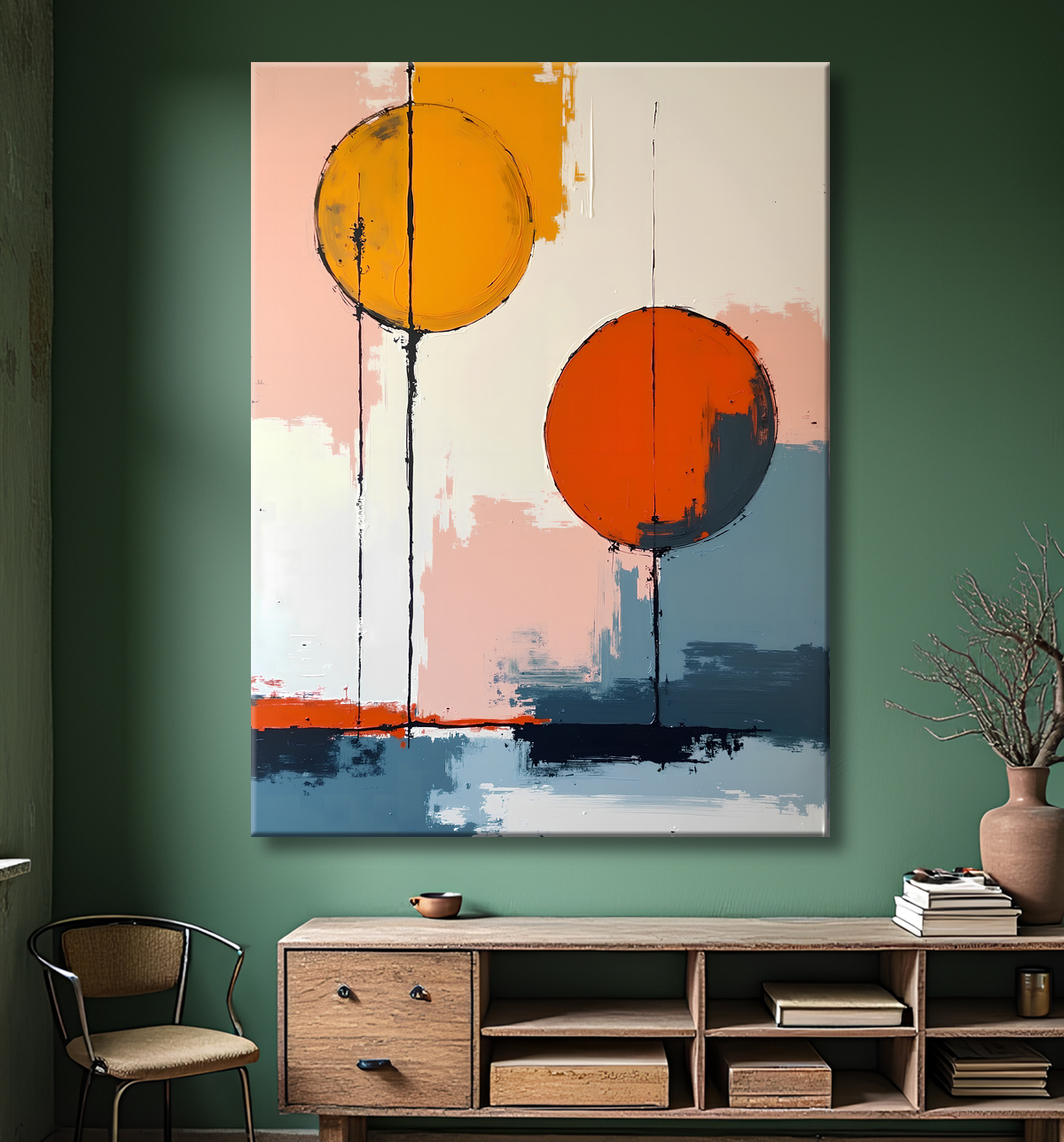 Tableau abstrait géométrique minimaliste aux teintes claires avec decor
