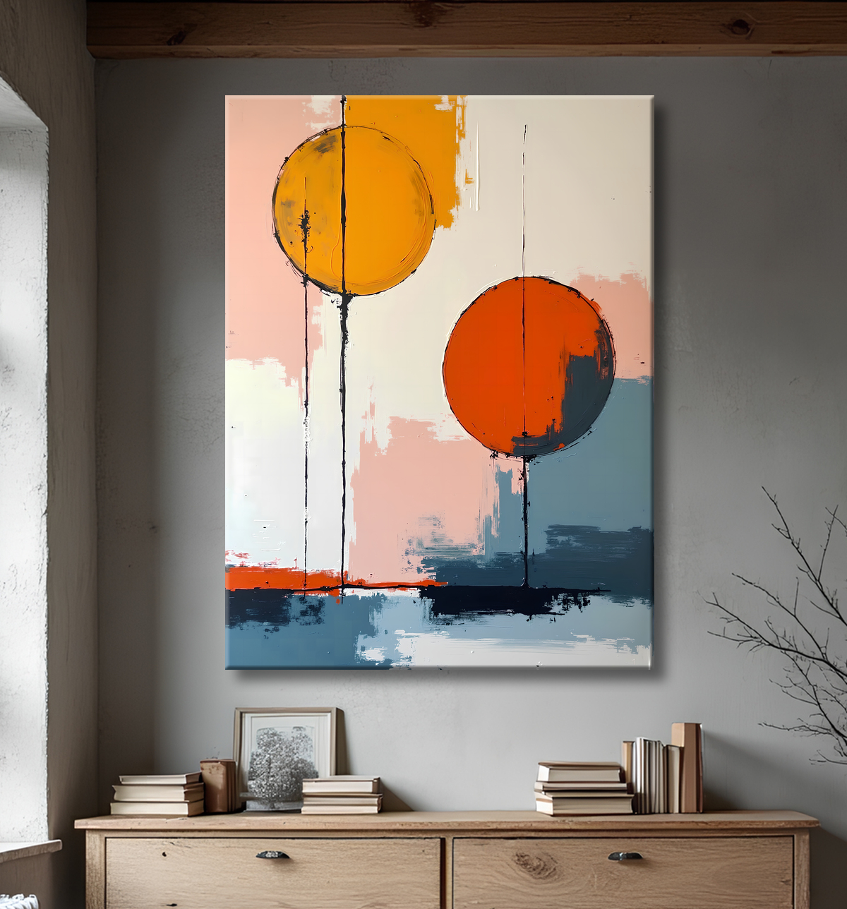 Tableau abstrait géométrique minimaliste aux teintes claires avec decor