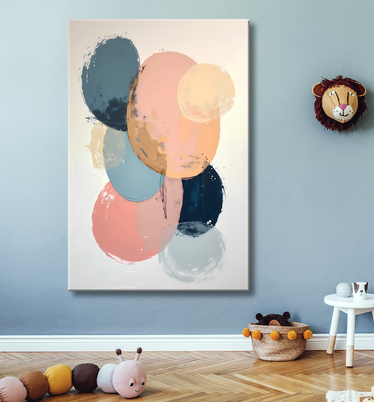 Tableau abstrait géométrique minimaliste aux teintes claires avec decor