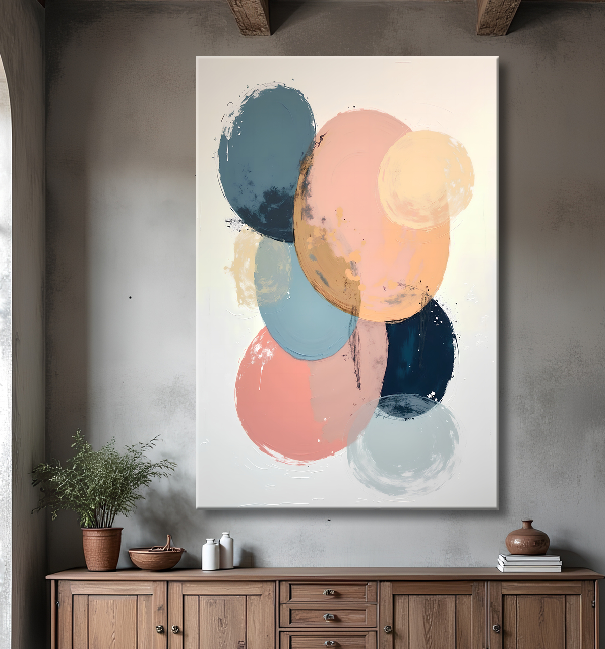 Tableau abstrait géométrique minimaliste aux teintes claires avec decor