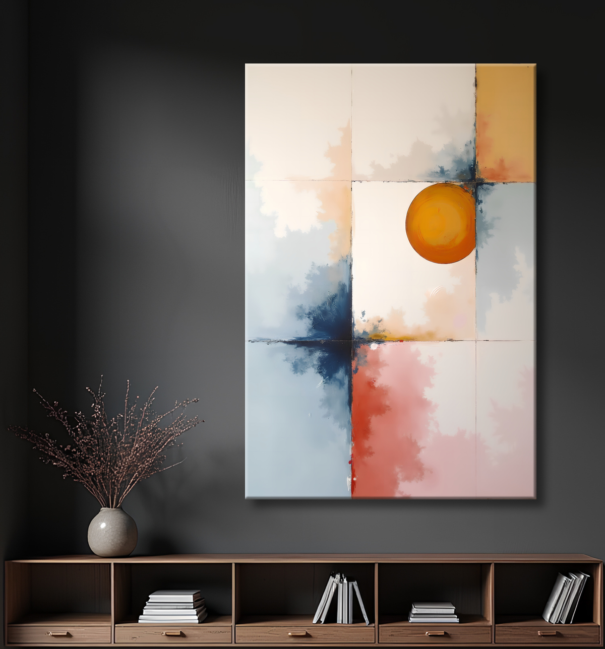 Tableau abstrait géométrique minimaliste aux teintes claires avec decor
