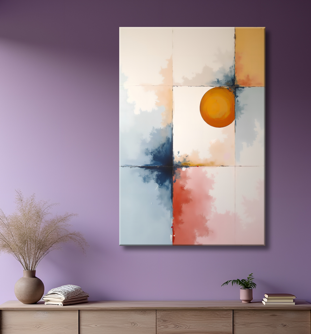 Tableau abstrait géométrique minimaliste aux teintes claires avec decor