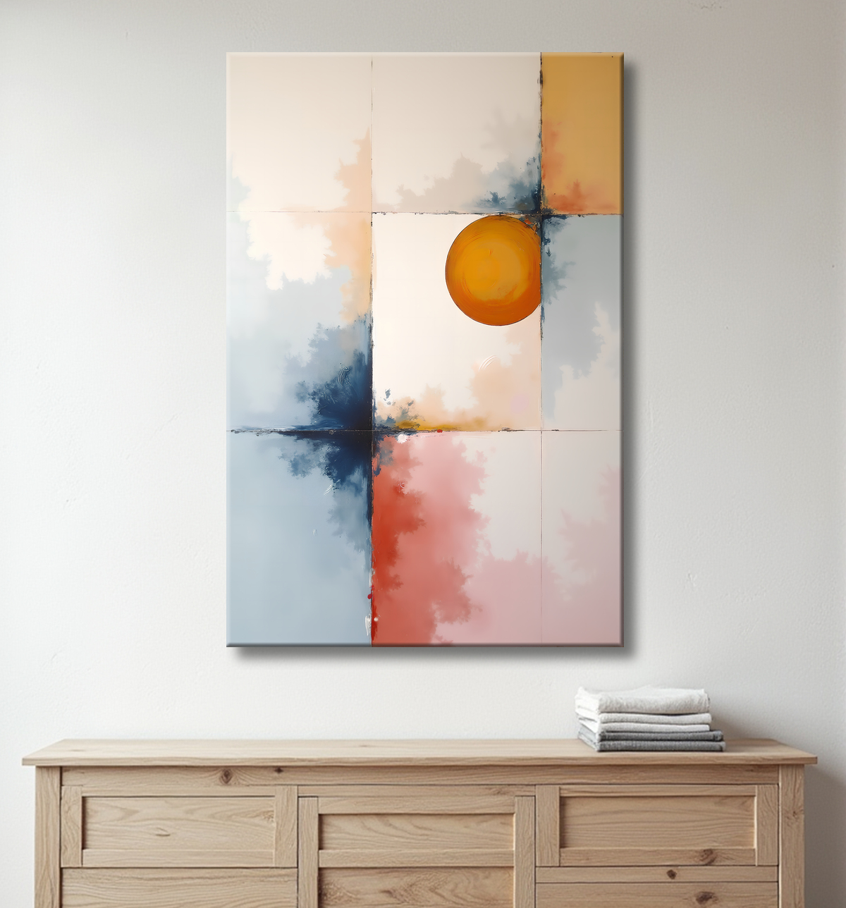 Tableau abstrait géométrique minimaliste aux teintes claires avec decor