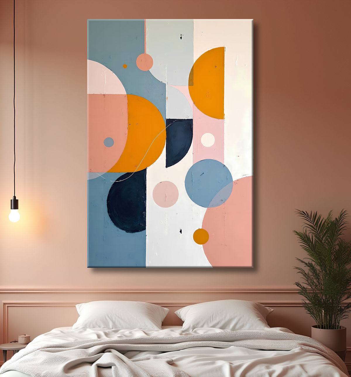 Tableau abstrait géométrique minimaliste aux teintes claires avec decor