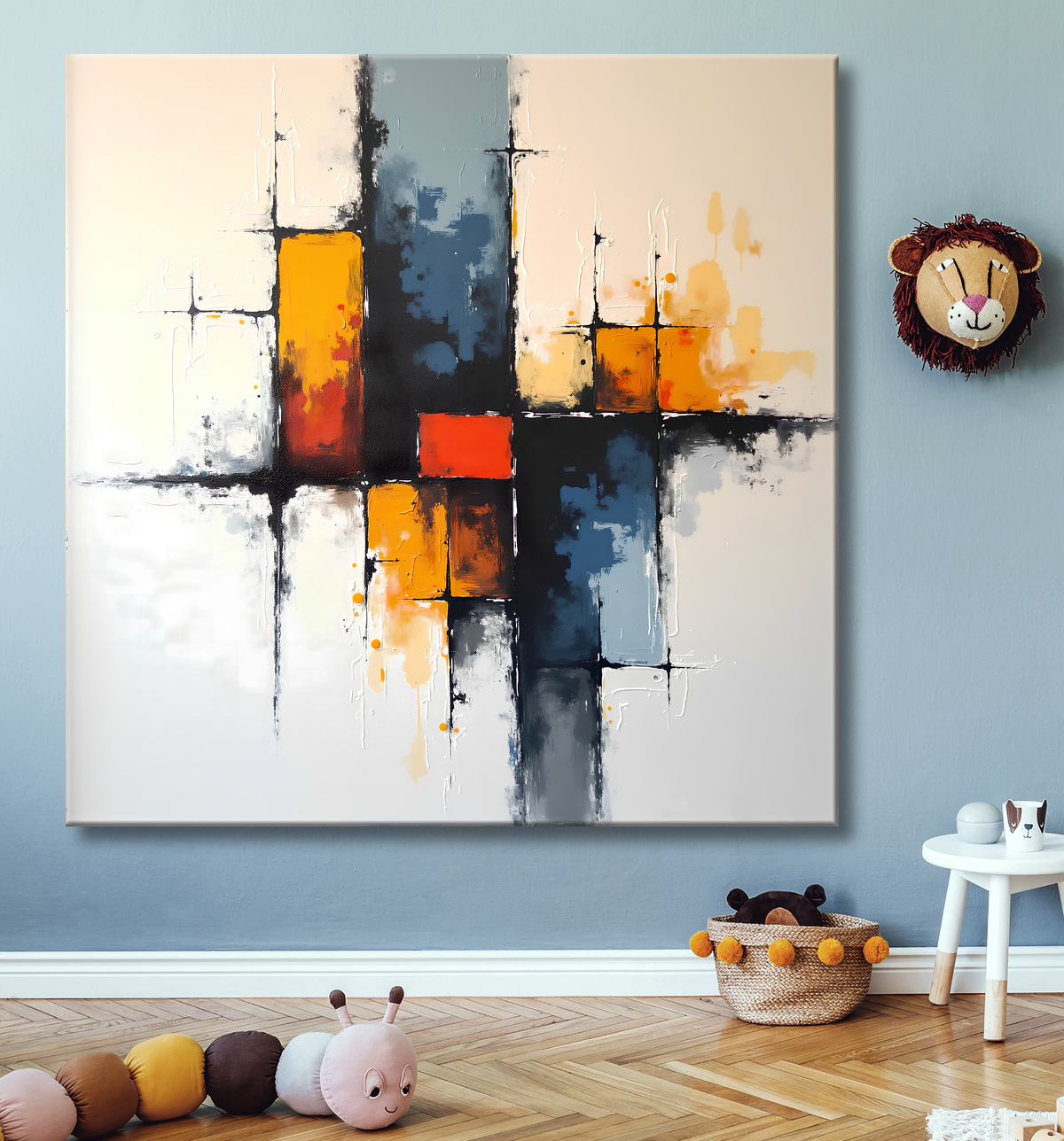 Tableau abstrait géométrique minimaliste aux teintes claires avec decor