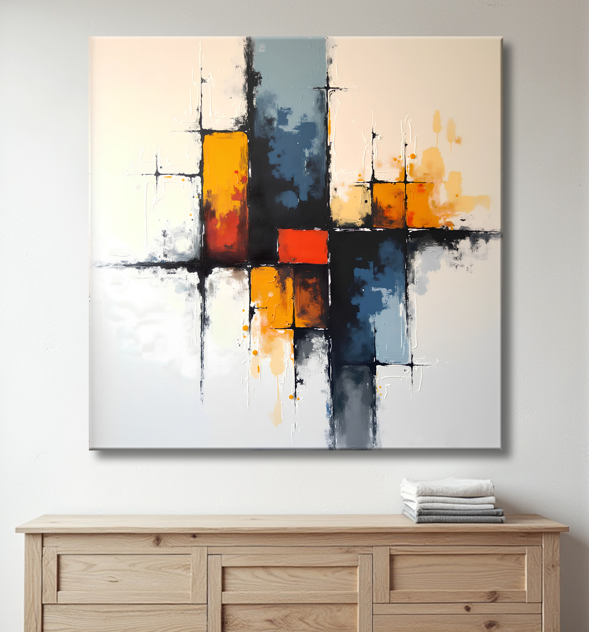Tableau abstrait géométrique minimaliste aux teintes claires avec decor