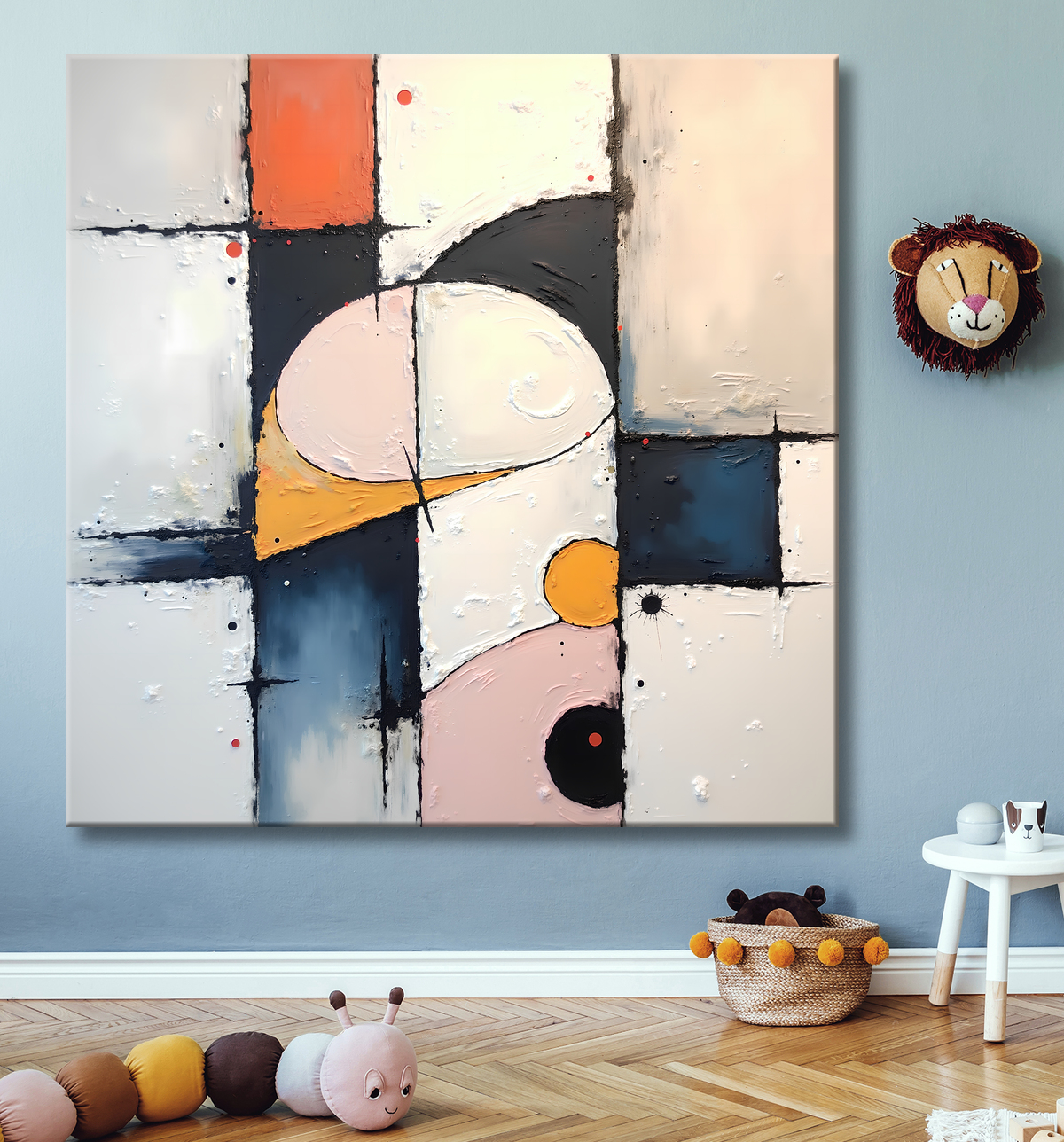 Tableau abstrait géométrique minimaliste aux teintes claires avec decor