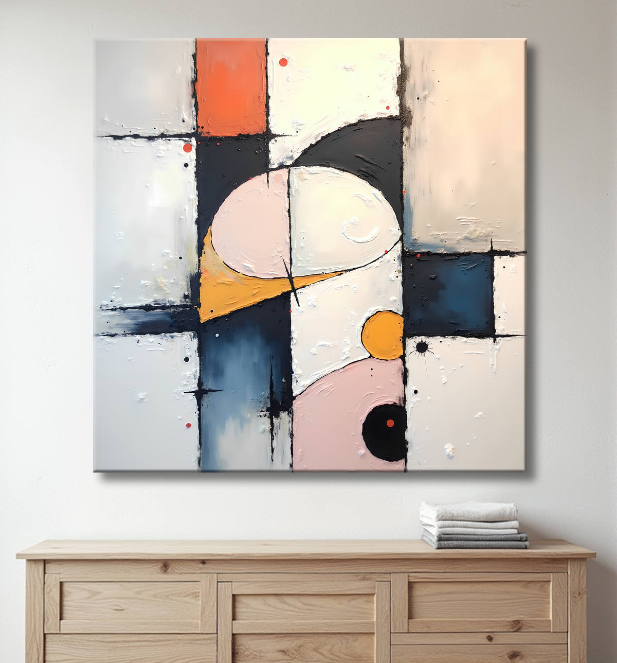 Tableau abstrait géométrique minimaliste aux teintes claires avec decor