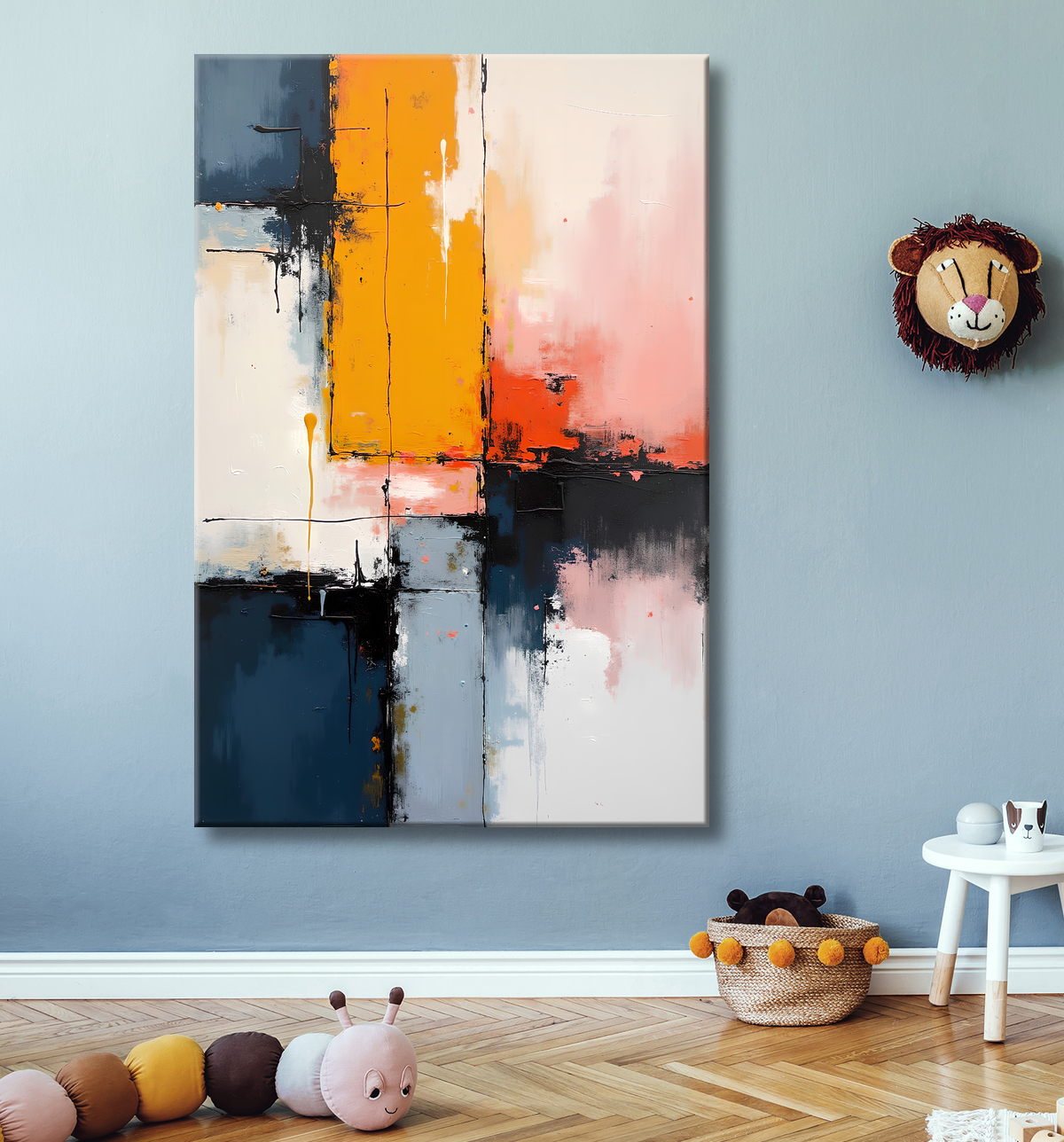 Tableau abstrait géométrique minimaliste aux teintes claires avec decor