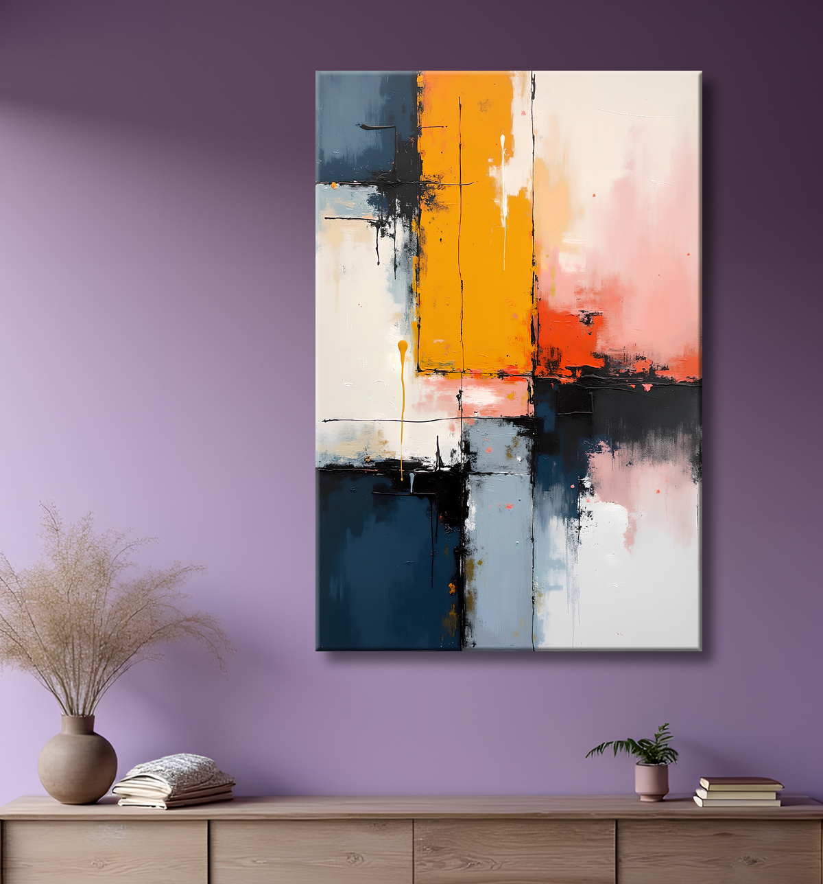 Tableau abstrait géométrique minimaliste aux teintes claires avec decor