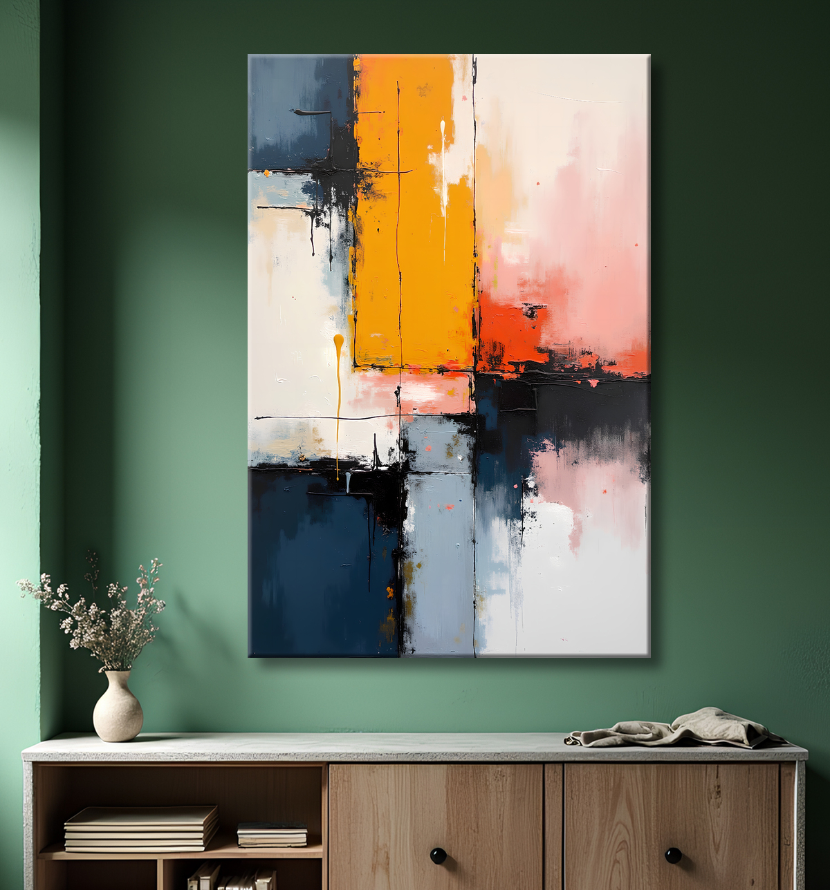 Tableau abstrait géométrique minimaliste aux teintes claires avec decor