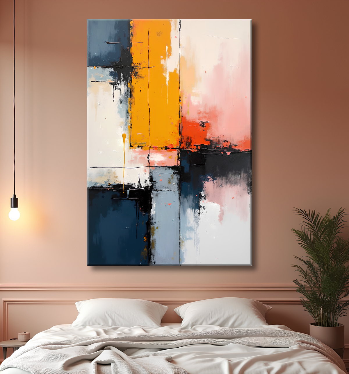 Tableau abstrait géométrique minimaliste aux teintes claires avec decor