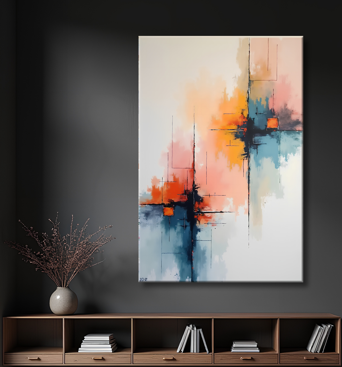 Tableau abstrait géométrique minimaliste aux teintes claires avec decor
