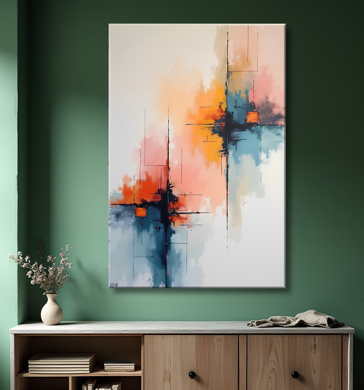 Tableau abstrait géométrique minimaliste aux teintes claires avec decor