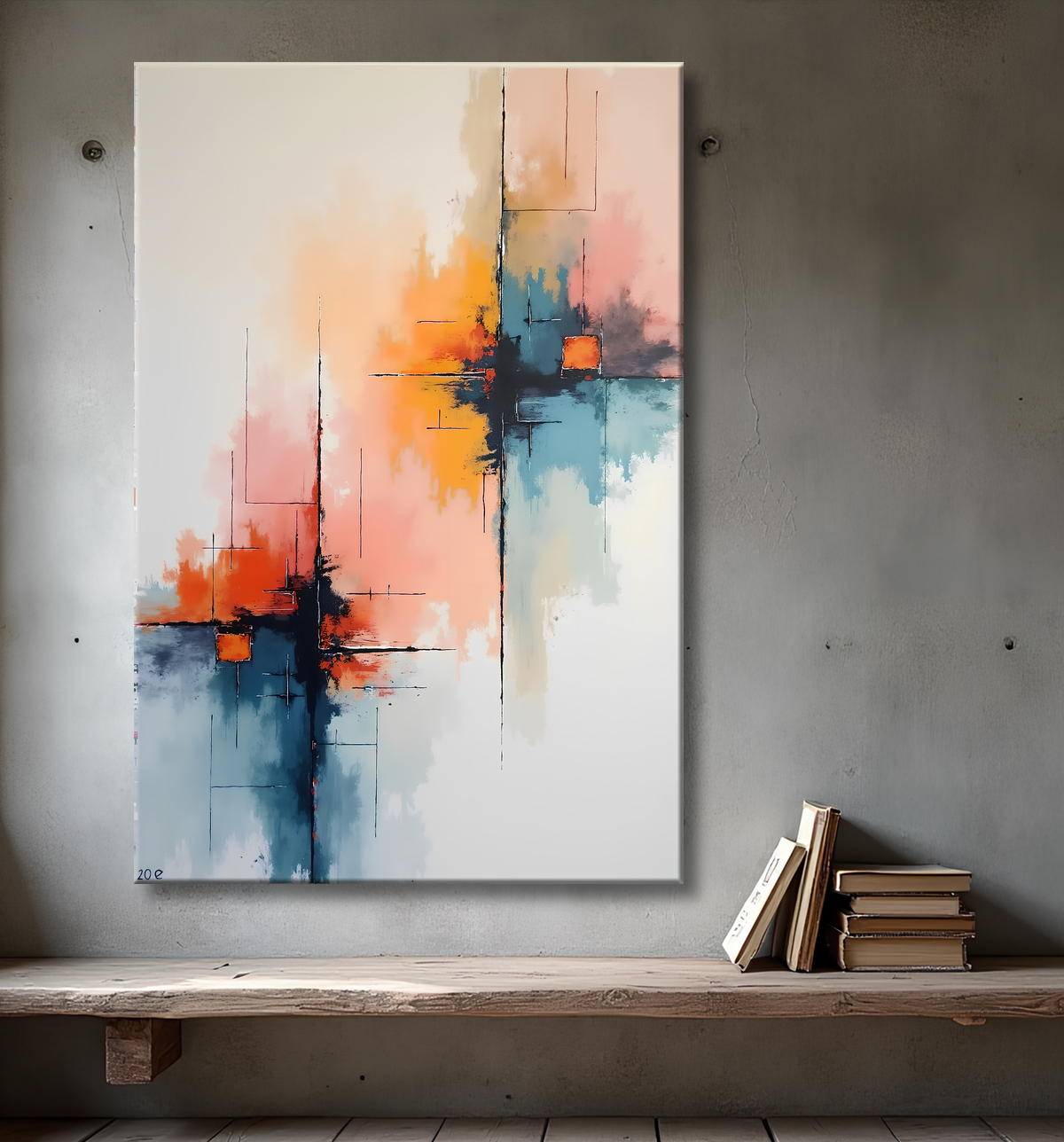 Tableau abstrait géométrique minimaliste aux teintes claires avec decor