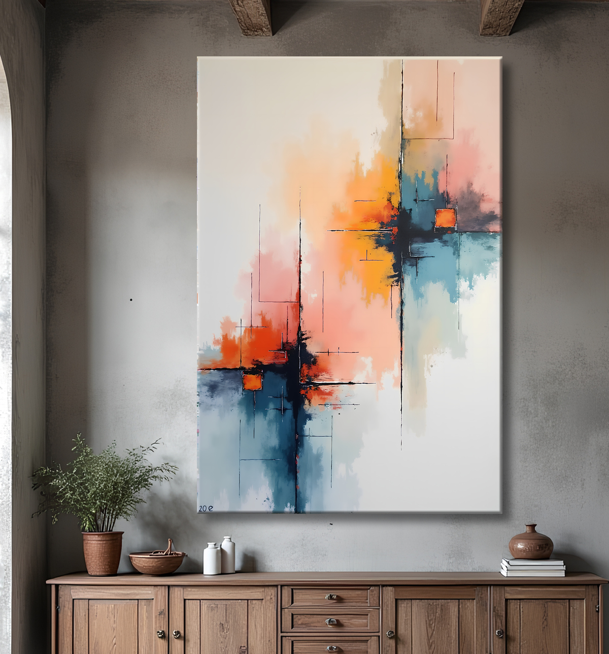 Tableau abstrait géométrique minimaliste aux teintes claires avec decor