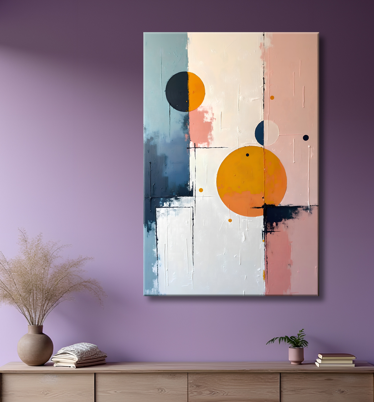 Tableau abstrait géométrique minimaliste aux teintes claires avec decor