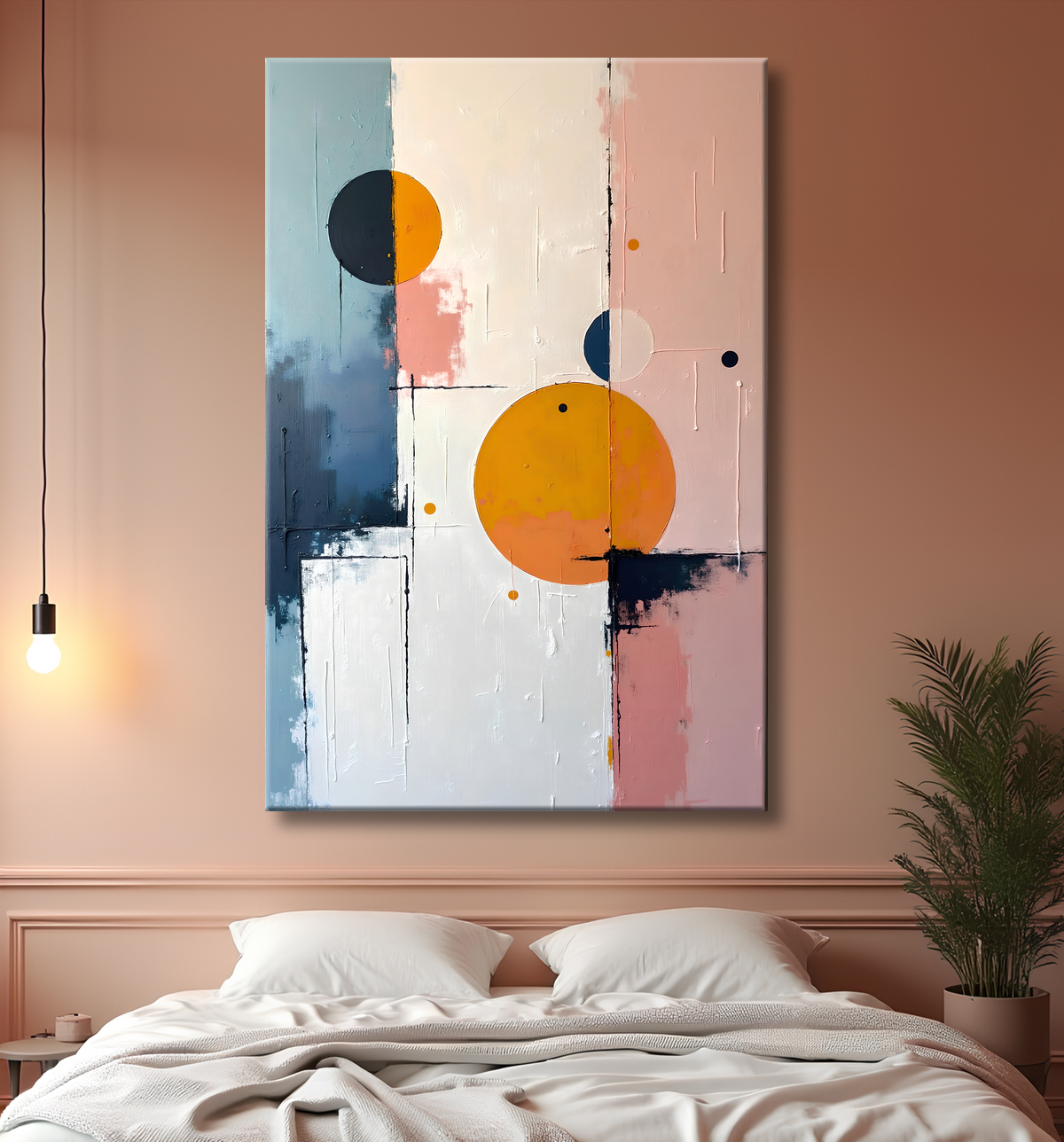 Tableau abstrait géométrique minimaliste aux teintes claires avec decor