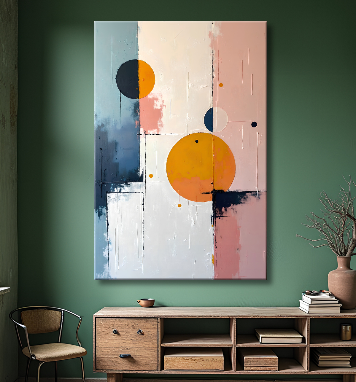 Tableau abstrait géométrique minimaliste aux teintes claires avec decor