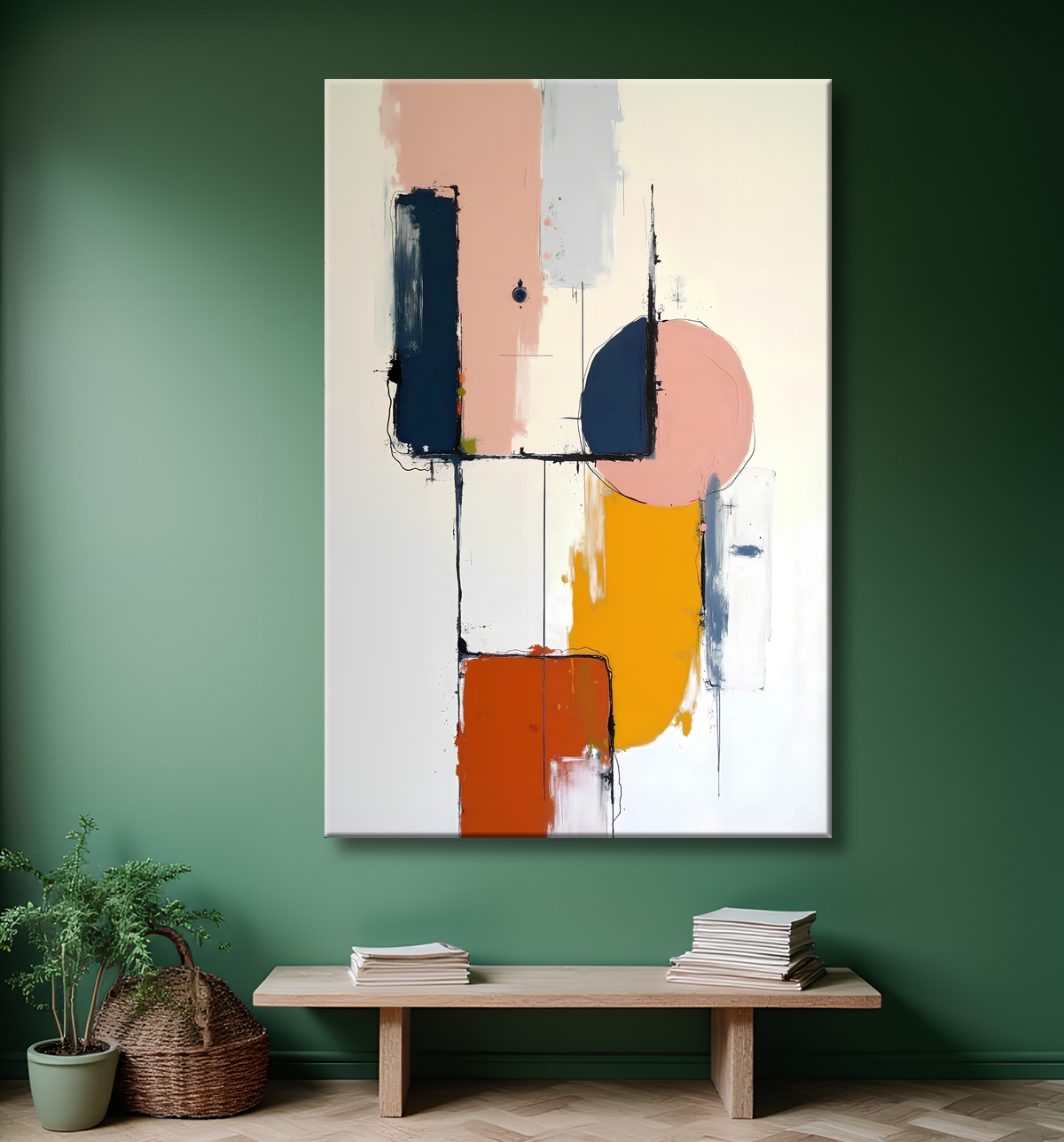 Tableau abstrait géométrique minimaliste aux teintes claires avec decor