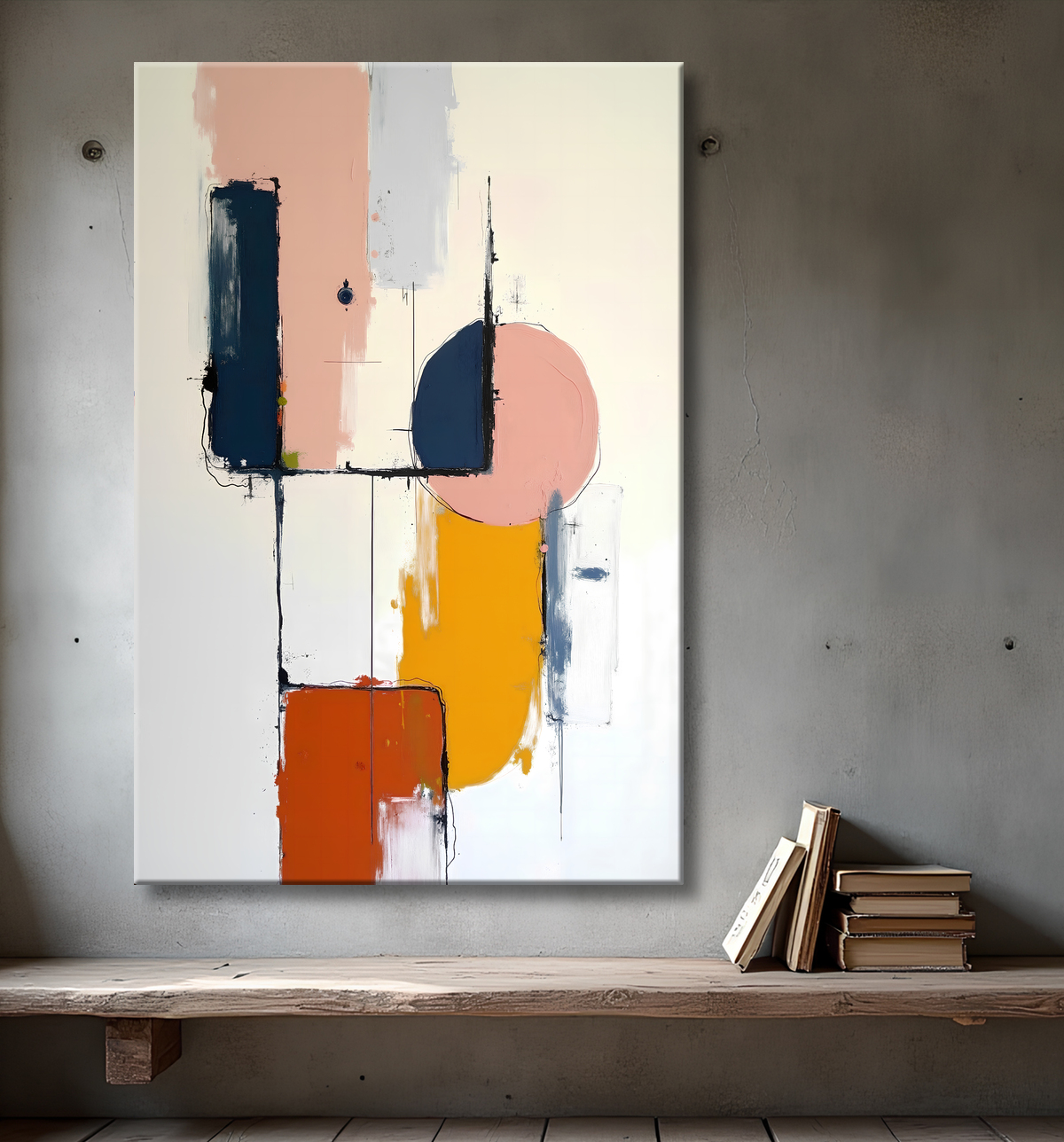 Tableau abstrait géométrique minimaliste aux teintes claires avec decor