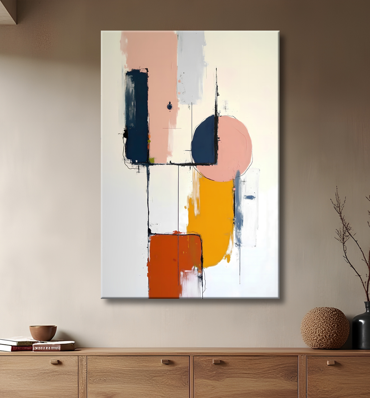 Tableau abstrait géométrique minimaliste aux teintes claires avec decor