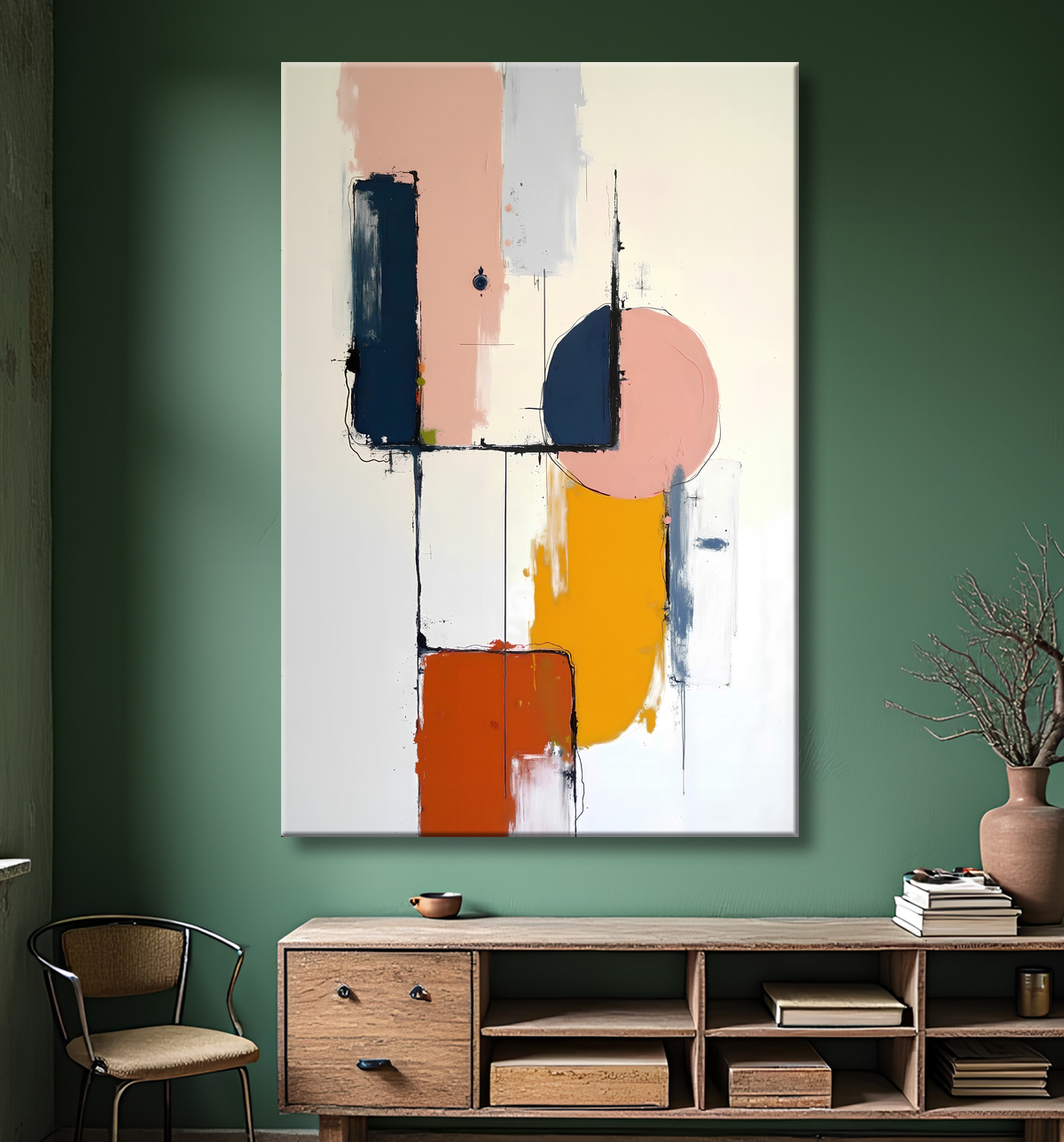 Tableau abstrait géométrique minimaliste aux teintes claires avec decor