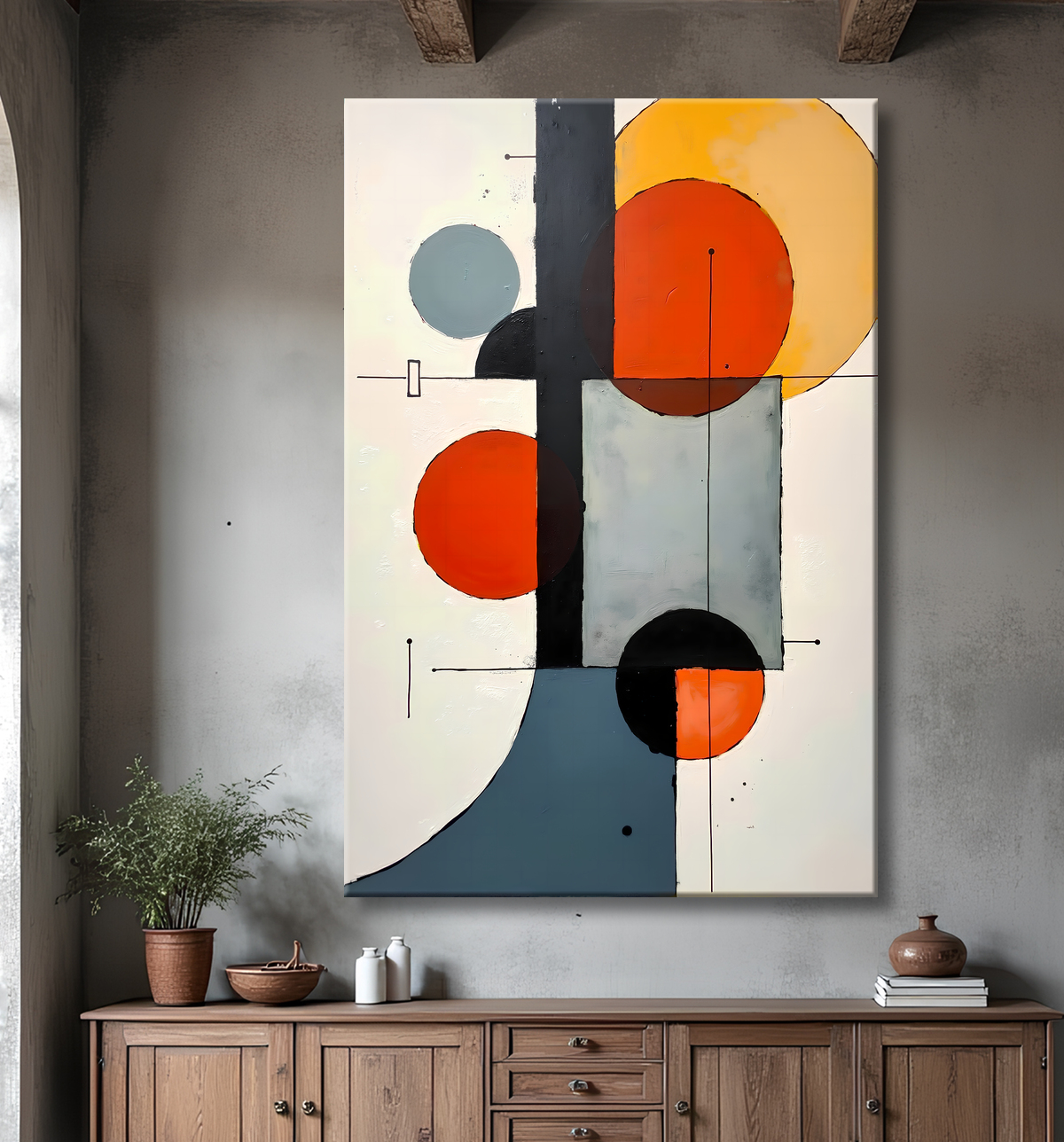 Tableau abstrait géométrique minimaliste aux teintes claires avec decor