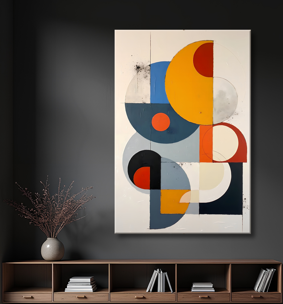 Tableau abstrait géométrique minimaliste aux teintes claires avec decor