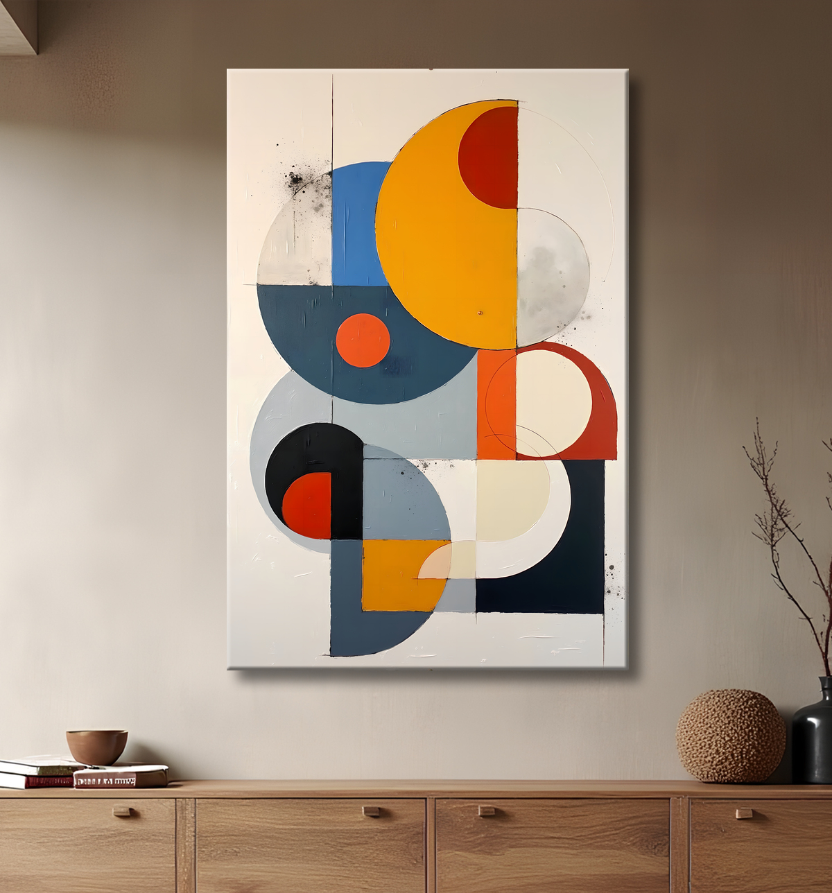 Tableau abstrait géométrique minimaliste aux teintes claires avec decor