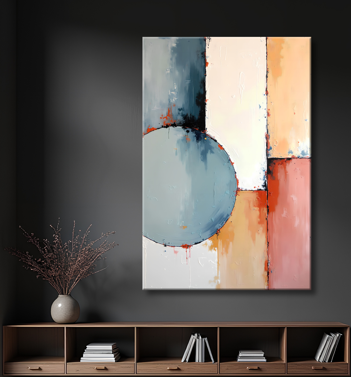 Tableau abstrait géométrique minimaliste aux teintes claires avec decor