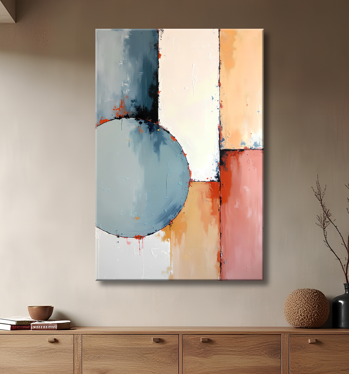 Tableau abstrait géométrique minimaliste aux teintes claires avec decor