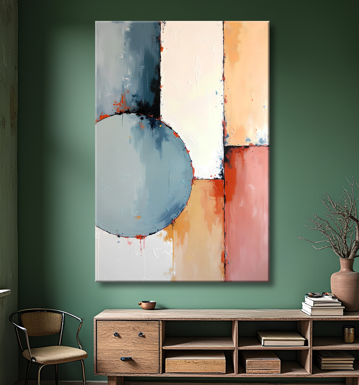 Tableau abstrait géométrique minimaliste aux teintes claires avec decor