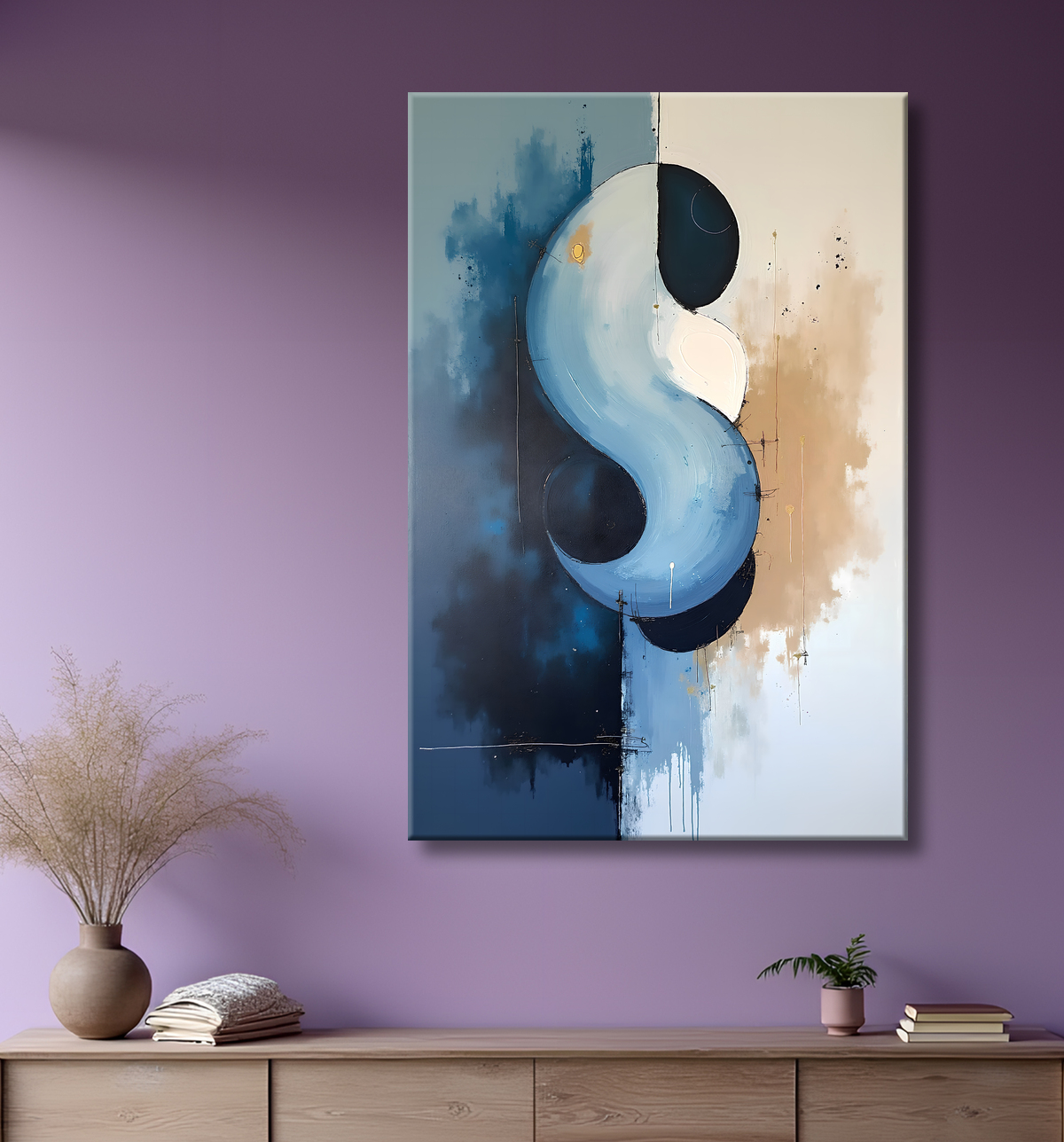 Tableau abstrait géométrique minimaliste aux teintes claires avec decor