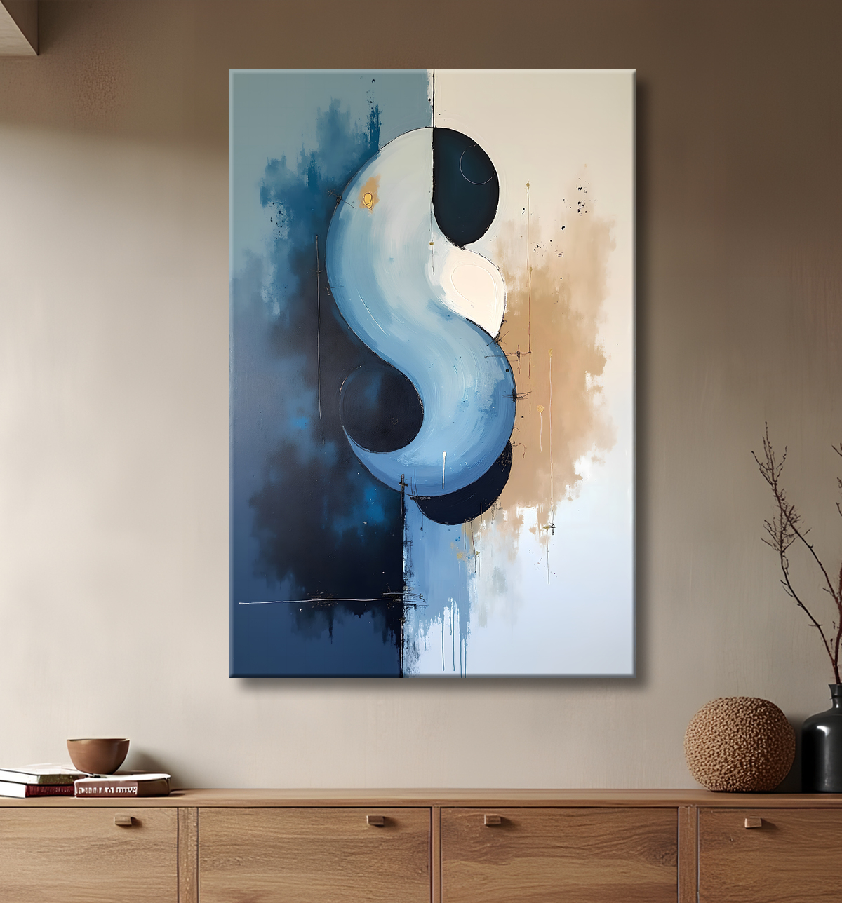 Tableau abstrait géométrique minimaliste aux teintes claires avec decor
