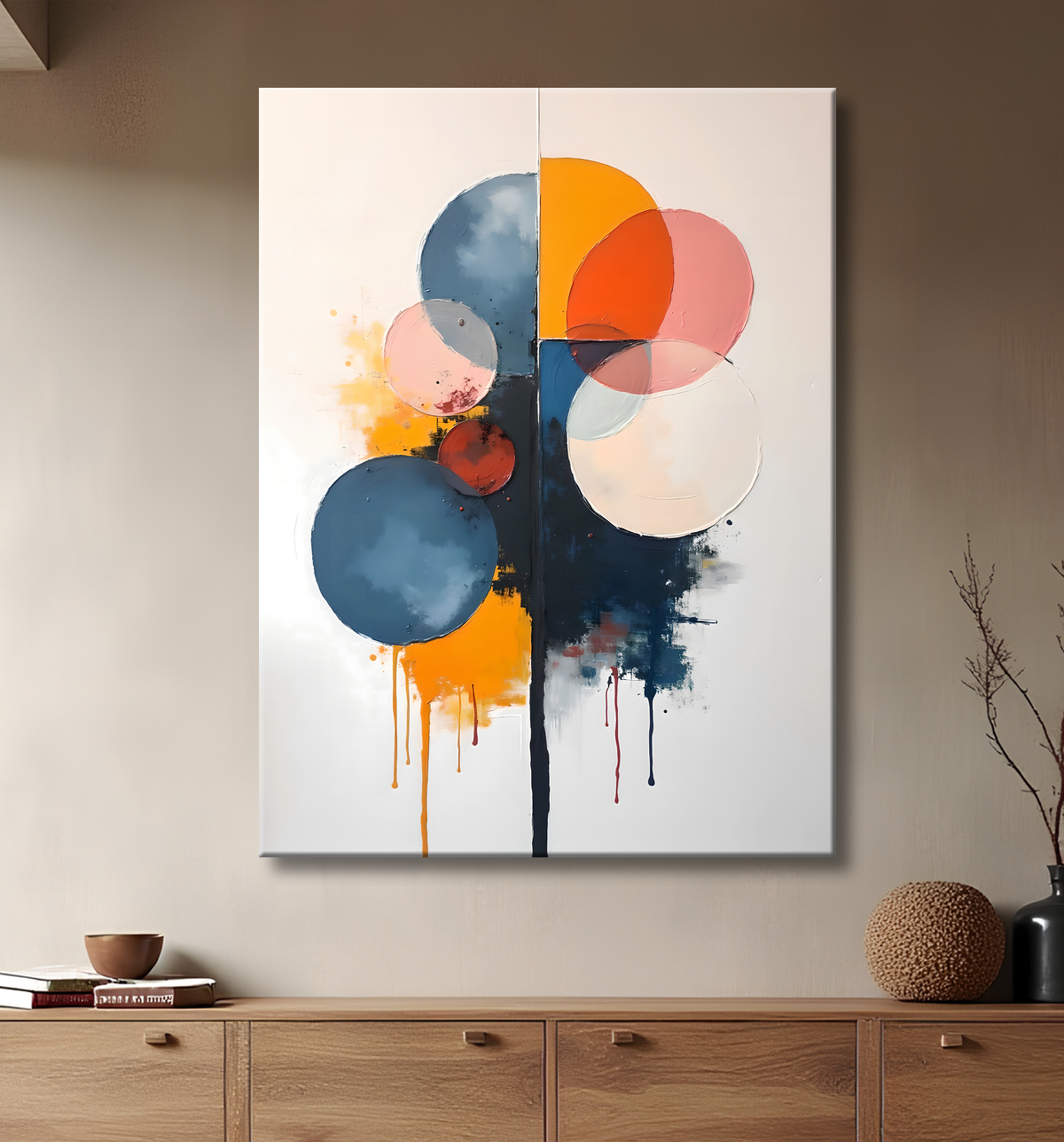 Tableau abstrait géométrique minimaliste aux teintes claires avec decor