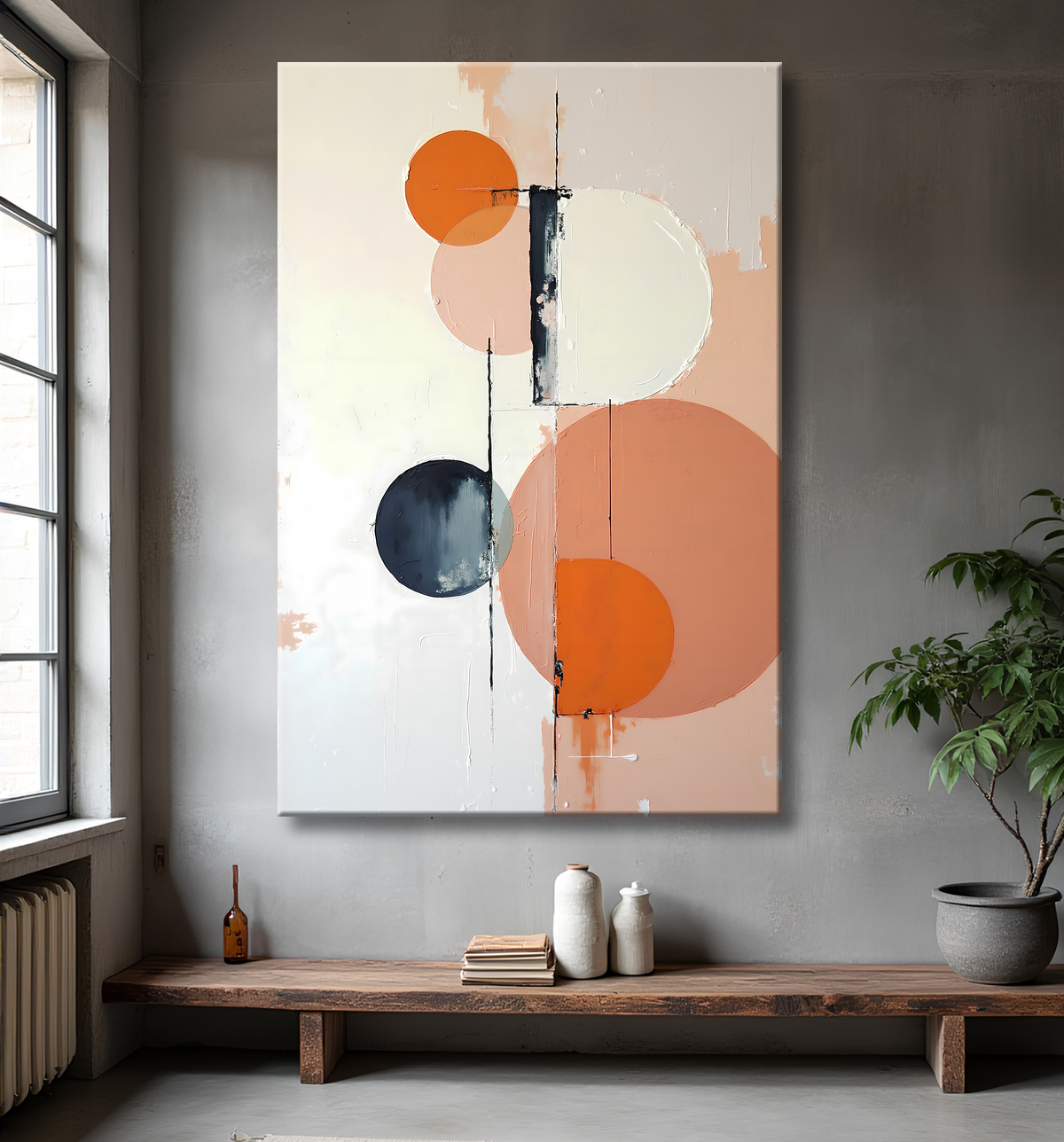Tableau abstrait géométrique minimaliste aux teintes claires avec decor
