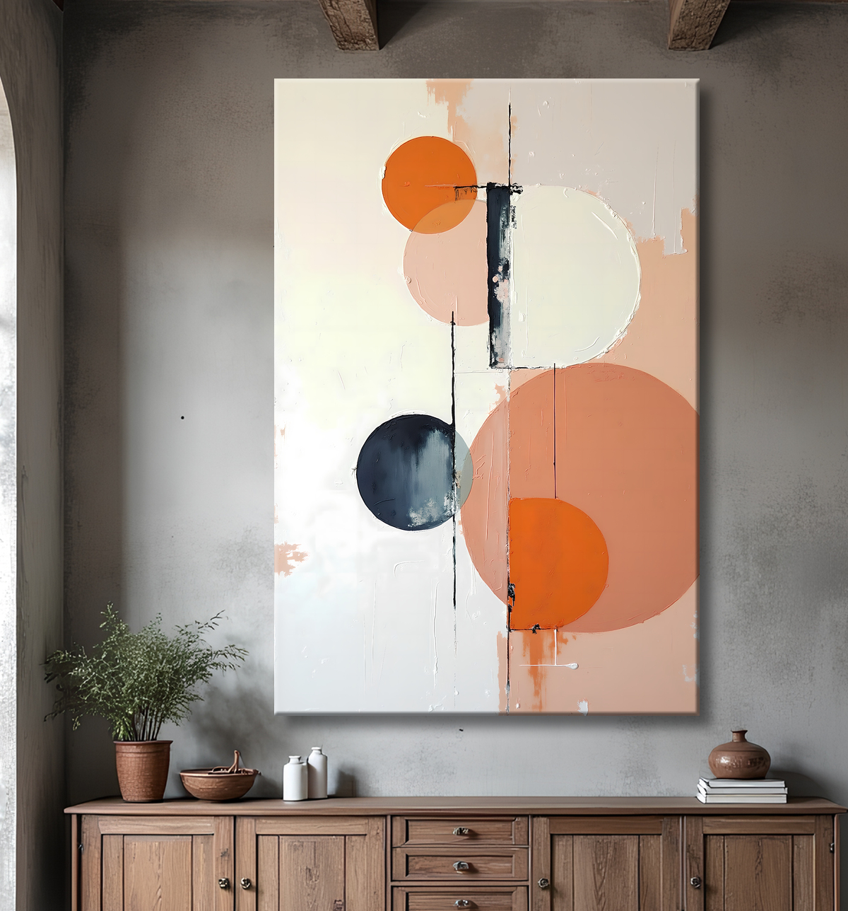 Tableau abstrait géométrique minimaliste aux teintes claires avec decor