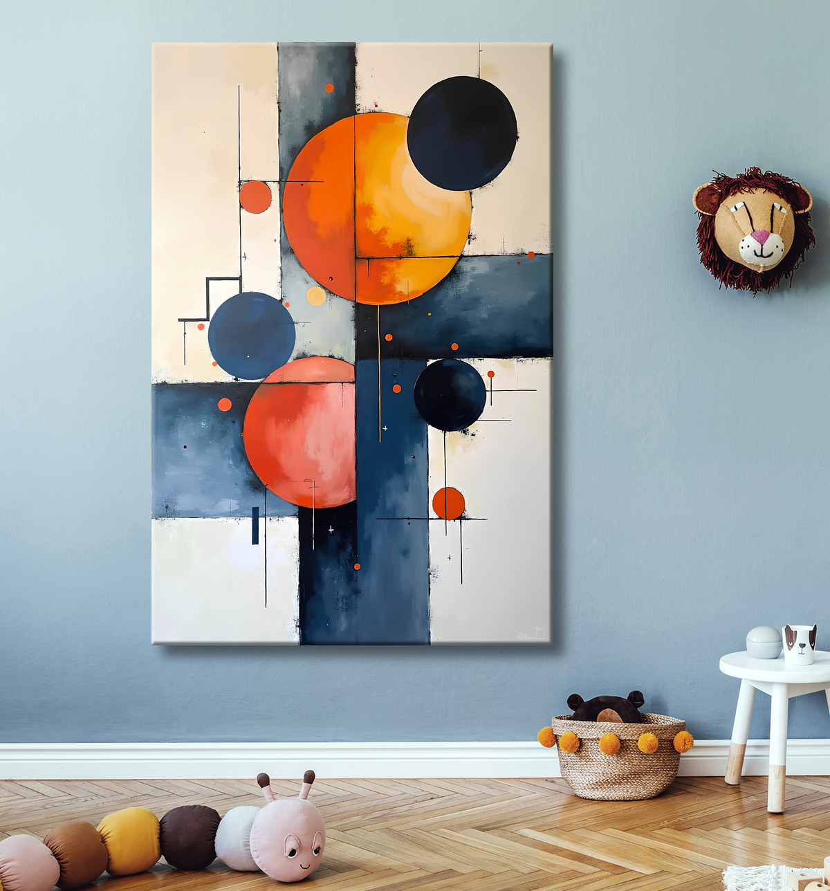 Tableau abstrait géométrique minimaliste aux teintes claires avec decor