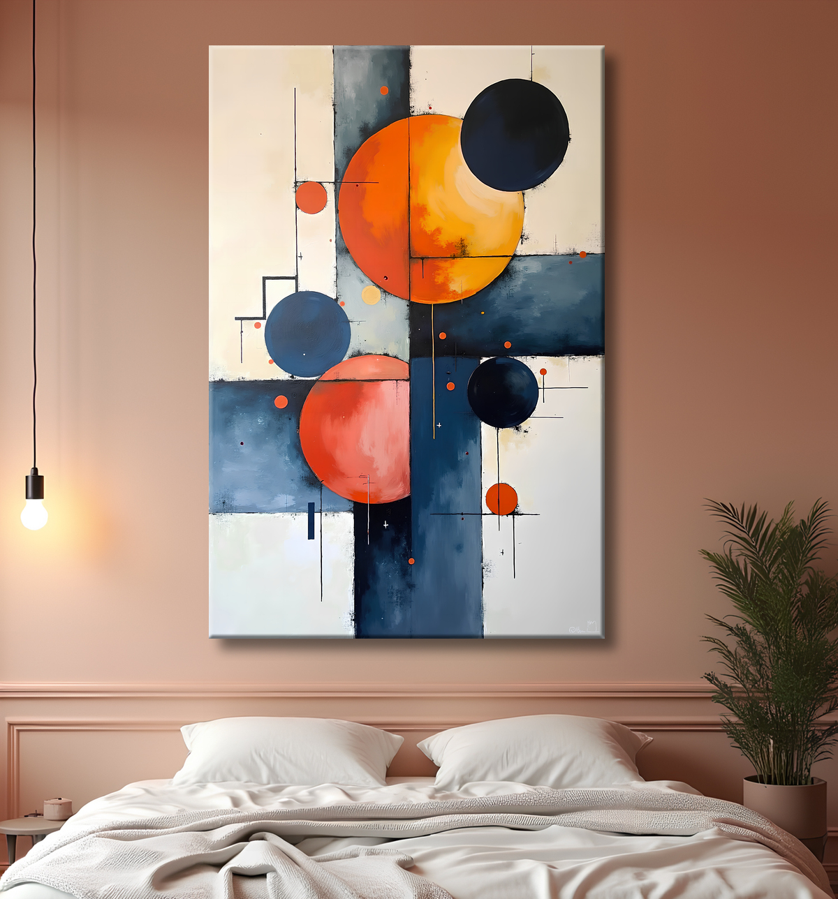 Tableau abstrait géométrique minimaliste aux teintes claires avec decor